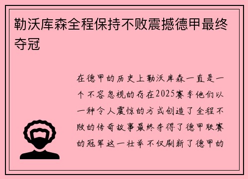 勒沃库森全程保持不败震撼德甲最终夺冠 勒沃库森全程保持不败震撼德甲最终夺冠